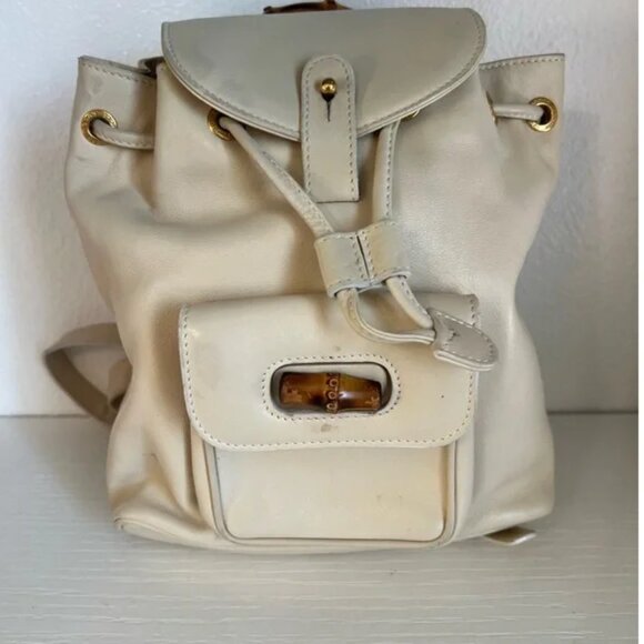 Gucci Handbags - GUCCI Mini Backpack Cream Leather w/Bamboo 47 Handle & twist lock EUC